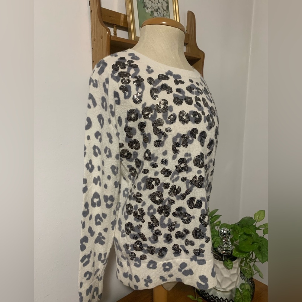 INC Wool Silk Cashmere Blend Sequin Leopard Sweater PM Animal Print Petite M - Picture 5 of 14